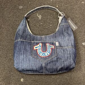 True Religion Denim Shoulder Bag in Blue with Red & White Logo